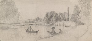 Studium krajobrazu rzecznego z łodziami, 1863-1864 autorstwa Camille Pissarro