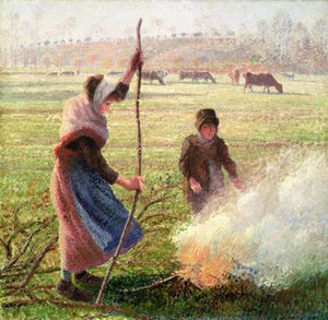White Frost, kobieta łamiąca drewno autorstwa Camille Jacob Pissarro