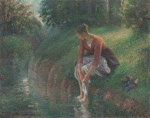 Kobieta kąpiąca się w strumieniu autorstwa Camille Pissarro