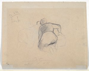 Kobieta klęcząca (rekto); Dwie klęczące kobiety z farmy (verso) autorstwa Camille Pissarro