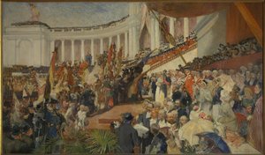 Patriotyczne obchody pięćdziesiątej rocznicy niepodległości Belgii autorstwa Camille Van Camp