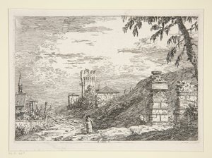 Pejzaż z wieżą i dwoma zrujnowanymi filarami z cyklu Weduta (Widoki) autorstwa Canaletto (Giovanni Antonio Canal)