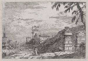 Pejzaż z wieżą i dwoma zrujnowanymi filarami z cyklu Weduta (Widoki) autorstwa Canaletto (Giovanni Antonio Canal)