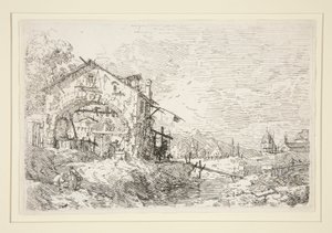 Pejzaż z kobietą przy studni z cyklu Weduta (Widoki) autorstwa Canaletto (Giovanni Antonio Canal)