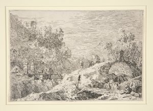 Krajobraz górski z pięcioma mostami, z wedut (widoki) autorstwa Canaletto (Giovanni Antonio Canal)