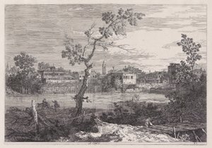 Widok miasta nad brzegiem rzeki z cyklu Weduta (Widoki) autorstwa Canaletto (Giovanni Antonio Canal)