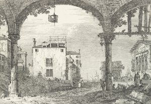 Trzyłukowy portyk z otwartą latarnią wiszącą pośrodku, łuk triumfalny i ru..., 1735-46. autorstwa Canaletto
