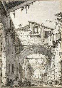Capriccio: Ulica przecinana łukami (recto) Szkice drzwi, schodów i drugiego piętra budynku (verso) autorstwa Canaletto