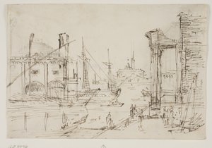 Capriccio z klasycznymi ruinami na nabrzeżu, hangar dla łodzi, dwie galery, za nimi dwa maszty żaglowca, w tle kościół z kopułą autorstwa Canaletto
