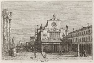 Wyimaginowany widok S. Giacomo di Rialto [u góry po prawej] autorstwa Canaletto