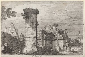 Krajobraz ze zrujnowanymi zabytkami autorstwa Canaletto