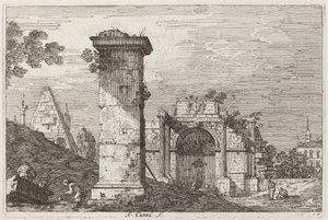 Krajobraz ze zrujnowanymi zabytkami [po prawej] autorstwa Canaletto