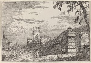 Krajobraz z wieżą i dwoma zrujnowanymi filarami autorstwa Canaletto