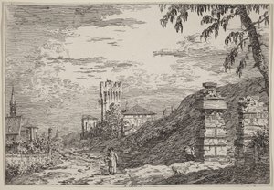Pejzaż z wieżą i dwiema zrujnowanymi kolumnami autorstwa Canaletto