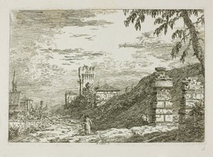 Krajobraz z wieżą i dwoma zrujnowanymi filarami, z Vedute autorstwa Canaletto