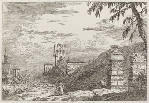 Pejzaż z wieżą i dwoma zrujnowanymi filarami [po lewej], ok. 1900 r. 17351746. autorstwa Canaletto