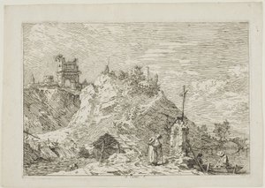 Pejzaż z pielgrzymem na modlitwie, z Vedute autorstwa Canaletto