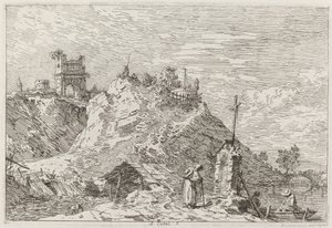 Pejzaż z modlącym się pielgrzymem [u góry po lewej], ok. godz. 17351746. autorstwa Canaletto