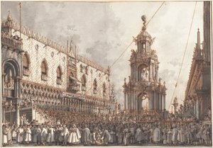 Festiwal „Giovedì Grasso” przed Pałacem Dożów w Wenecji autorstwa Canaletto