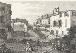 Śluzy w Dolo, owalny basen z łodziami pośrodku, zabudowania po obu stronach..., 1735-46.