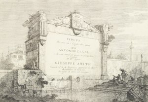 Karta tytułowa z dużą ścianą klasycystycznej ruiny, z postacią siedzącą w prawym punkcie..., 1735-46. autorstwa Canaletto