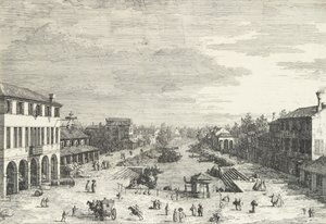 Widok Mestre, gospody po lewej i innych różnych budynków wzdłuż kanału, z „Widoku..., 1735-46. autorstwa Canaletto