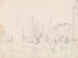 Szkic żaglówek na plaży i domków na palach, Hastings autorstwa Capt. Thomas Hastings