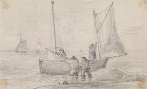 Szkic grupy przygotowującej żagle w pobliżu brzegu, Hastings autorstwa Capt. Thomas Hastings