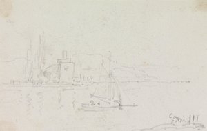 Esboço de um barco à vela e um edifício no Shorepolish autorstwa Capt. Thomas Hastings
