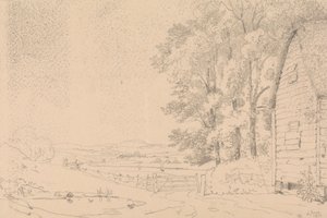 Esboço de um edifício com telhado de palha e um rio Beyondpolish autorstwa Capt. Thomas Hastings