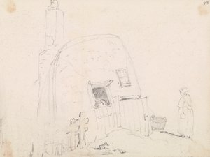Szkic kobiety w pobliżu chaty autorstwa Capt. Thomas Hastings