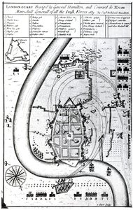 Londonderry oblegany przez generała Hamiltona i Conrada de Rosena, rytowany przez J. Sturt, 1689 autorstwa Captain Archibald Maculloch