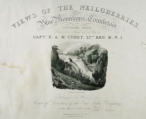 The Elk Cataract, Dimhutty, strona tytułowa książki View of the Neilgherries lub Blue Mountains of Coimbetoor w południowych Indiach autorstwa kapitana McCurdy