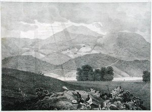 Widok części jeziora i domków w Ottacamund, góry Neelgherry, płyta 3 z Widoku na Neilgherries lub Blue Mountains of Coimbetoor w południowych Indiach autorstwa kapitana McCurdy