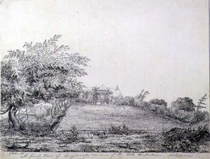 Widok z przodu rezydencji Napoleona I w Longwood późnym popołudniem, St. Helena autorstwa Captain G. Rotton