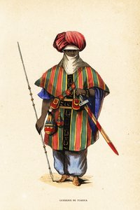 Szlachetny wojownik Tuaregów z Agadez, Niger, w tagelmust (turban i welon), taktkat (koszula) i akarbej (spodnie) autorstwa Captain George Francis (after) Lyon