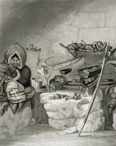 Wnętrze eskimoskiej chaty na śniegu, Wyspa Zimowa 1822, rycina Edwarda Francisa Findena (1791-1857), publikacja John Murray, 1824