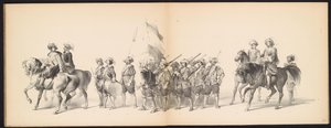 Maskarada uczniów Leiden, 1850 (tablica 10) Intogt Frederika Hendrika w Hertogenbosch w 1629 r.: przedstawienie w kostiumie autorstwa H.H. uczniowie Leydsche Hoogeschool den XI Junij z roku 1850 (tytuł serii na obiekcie)