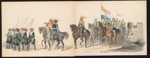 Maskarada studentów z Leiden, 1850 (tabl. 13) Intogt autorstwa Frederika Hendrika w Hertogenbosch w 1629 r.: przedstawienie w kostiumie autorstwa H.H. uczniowie Leydsche Hoogeschool den XI Junij z roku 1850 (tytuł serii na obiekcie) autorstwa Carel Christiaan Antony Last