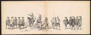 Maskarada uczniów Leiden, 1850 (tablica 2) Intogt Frederika Hendrika w Hertogenbosch w 1629 r.: przedstawienie w kostiumie autorstwa H.H. uczniowie Leydsche Hoogeschool den XI Junij z roku 1850 (tytuł serii na obiekcie) autorstwa Carel Christiaan Antony Last