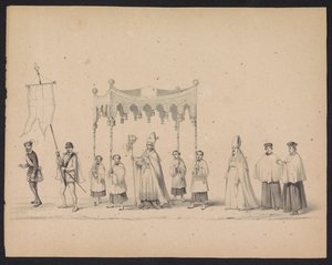 Maskarada studentów z Utrechtu, 1846 (tabl. 10) Przedstawienie procesji w kostiumach, przedstawiającej procesję Filipa II, księcia Hiszpanii, w Utrechcie 3 października 1549 r., która odbyła się 17 czerwca 1846 r. przez H.H. Studenci Utrechtsche autorstwa Carel Christiaan Antony Last