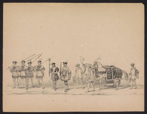 Maskarada studentów Utrechtu, 1846 (tabl. 7) Przedstawienie procesji w kostiumach, przedstawiającej procesję Filipa II, księcia Hiszpanii, w Utrechcie 3 października 1549 r., która odbyła się 17 czerwca 1846 r. przez H.H. Studenci Utrechtsche autorstwa Carel Christiaan Antony Last