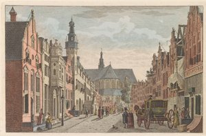 Langestraat w Alkmaar, ok. 1790 Langestraat, Ratusz i Grote Kerk w Alkmaar / Rue longue - Hotel de Ville - et grande Eglise à Alkmaar (tytuł na obiekcie)