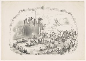 Karykatura przedstawiająca plany Thorbecke dotyczące zniesienia Uniwersytetu Nauk Stosowanych w Utrechcie, 1863 Bitwa pomiędzy dwoma potężnymi żywiołami (tytuł na obiekcie) autorstwa Carel Hendrik Thiebout