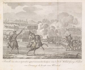 Książę Frederik zostaje ranny w Wervik, 1793 Bataille z 13. września 1793, oprócz zranienia H.D.H. Willem George Fredrik z Orange, naprzeciw Werwick (tytuł na obiekcie) autorstwa Carel Jacob de Huyser