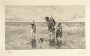 Czworo dzieci bawi się zabawkową łódką na plaży w płytkiej wodzie morskiej Dzieci morza autorstwa Carel Lodewijk Dake