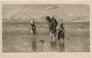Czworo dzieci bawi się zabawkową łódką na plaży w płytkiej wodzie morskiej Dzieci morza Enfants de la mer (tytuł na obiekcie) autorstwa Carel Lodewijk Dake