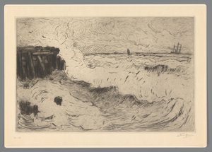 Dzikie morze z żaglowcem na molo autorstwa Carel Nicolaas Storm van 