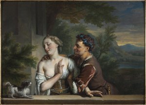 Mężczyzna próbujący objąć kobietę — Carel (Charles) de Moor (1656-1738). Olej na płótnie. Rozmiar: 33,5x47cm. Muzeum Narodowe w Sztokholmie