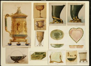 Wybór wzorów, House of Carl Faberge (ołówek i akwarela podkreślone bielą i złotem na kartonie)